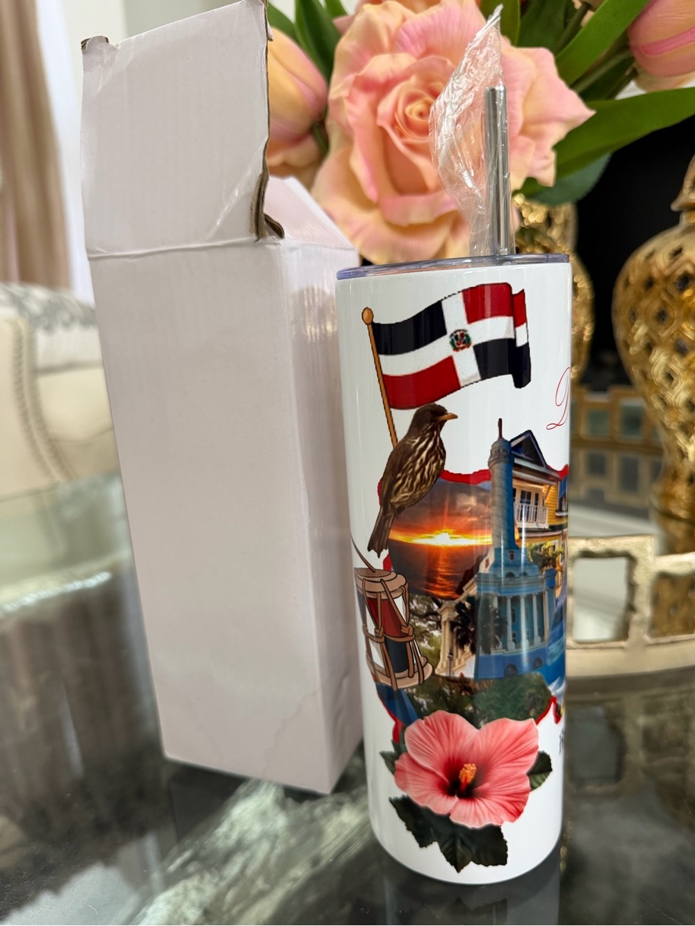Dominican Republic Flag Floral Stainless Steel Tumbler - White